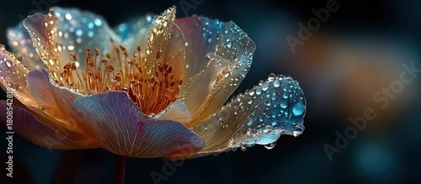 Fototapeta Dew-kissed, translucent petals of a delicate flower, close-up with bokeh