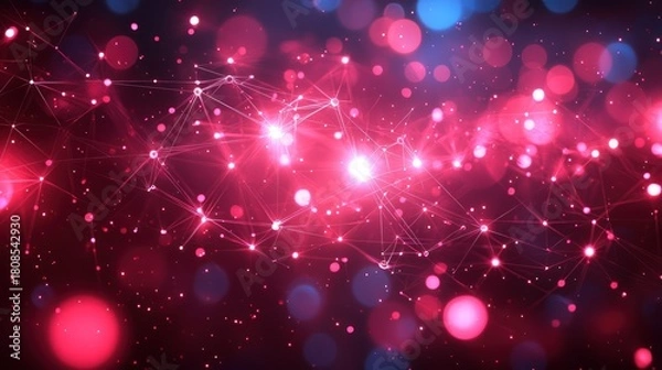 Fototapeta Glowing red network of connected points amidst bokeh background