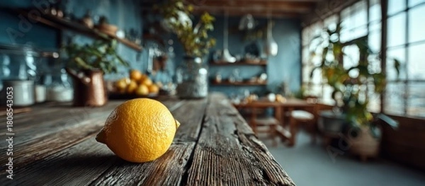 Fototapeta A lemon sits on a rough wooden table in a sunlit, rustic kitchen