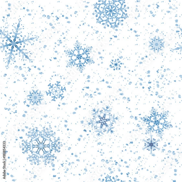 Obraz Watercolor blue snowflakes on white background . Hand-painted seamless pattern for Happy New Year and Merry Christmas