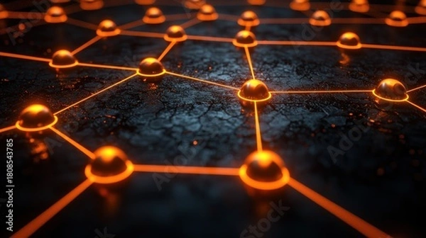 Fototapeta Orange glowing spheres connected by lines on a textured, dark surface