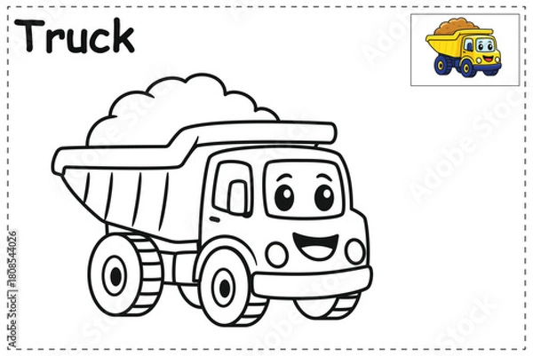 Obraz Smiling Cartoon Dump Truck Line Art for Kids Coloring Page