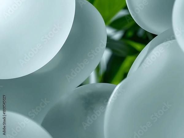 Fototapeta Soft focus translucent spheres and bubbles against blurred green foliage