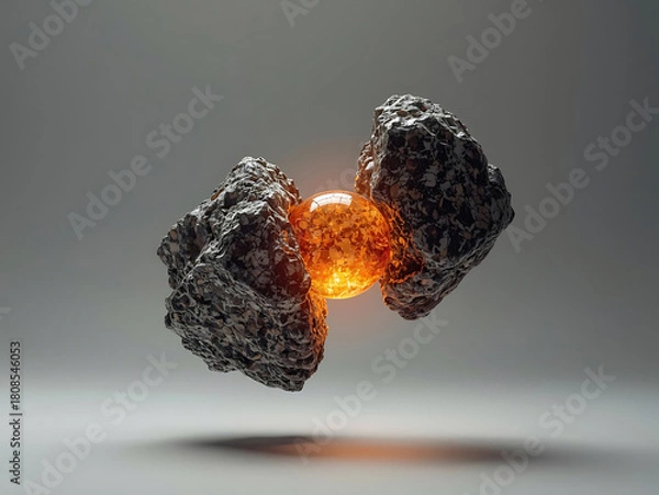 Obraz Glowing orange sphere suspended between two rough cosmic rock fragments.