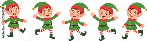 Fototapeta Cute Christmas elves dancing happily in festive costume, joyful holiday illustration, cheerful children characters, winter celebration art for seasonal design