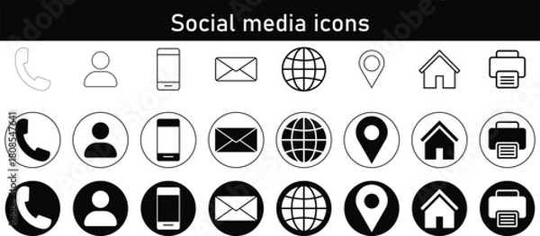 Fototapeta Minimal line social media and communication icon set – phone, user, mail, location, home, globe, printer symbols