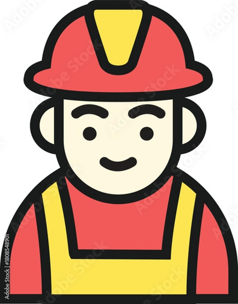 Obraz Vector icon of a smiling worker in a safety helmet and uniform, representing construction, essential services, and emergency roles