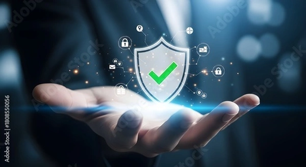 Fototapeta Hand holding digital shield with green checkmark for cybersecurity protection