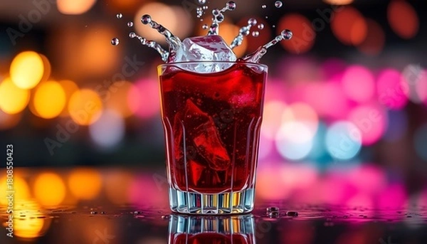 Fototapeta Cinematic Ruby Red Cocktail Splash in Crystal Glass with Colorful Bokeh Lights - Drinks, wine, beverage, cold, martini, 