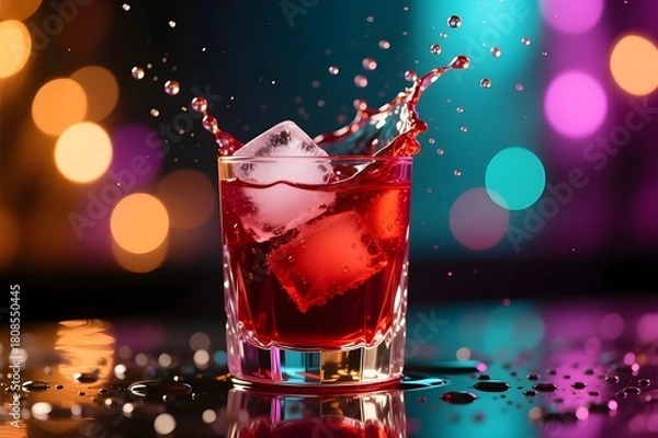 Fototapeta Dynamic Ruby Red Cocktail/ Juice Splash in Crystal Glass with ice cubes and Colorful Bokeh Lights - wine, beverage, cold, martini, 