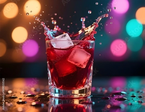 Fototapeta Cinematic Red Mocktail Splash in Crystal Glass with ice cubes and  Colorful Bokeh Lights - celebration, juice