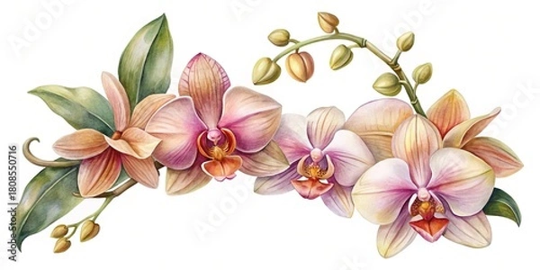 Obraz Watercolor pink and orange orchid flowers and buds