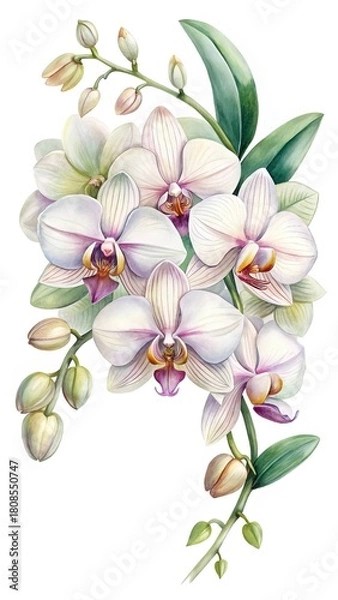 Obraz White orchid cluster watercolor botanical illustration