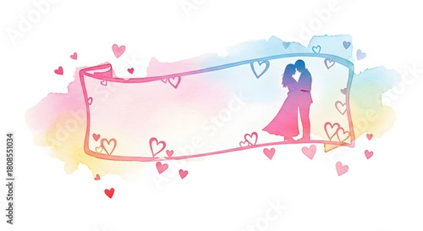 Obraz Romantic watercolor banner with embracing couple and heart illustrations