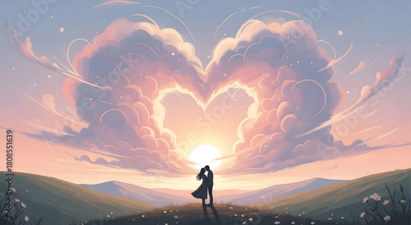Obraz Romantic couple embracing on a hilltop under a heart-shaped sunset sky