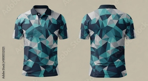 Fototapeta Digital sublimation polo t-shirt mockup, complex geometric low-poly triangle seamless pattern design, modern artistic camouflage style athletic team apparel template.
