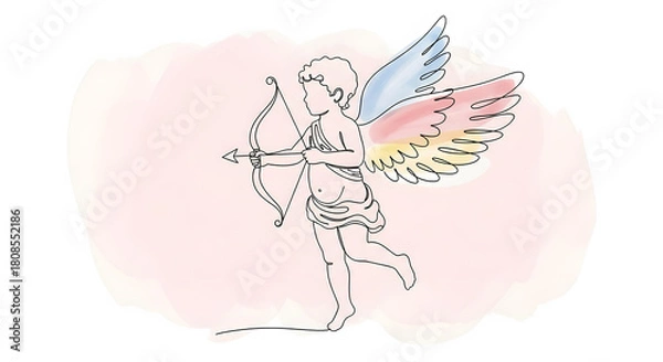Fototapeta Continuous line art of cupid with bow and arrow, pastel watercolor wings.