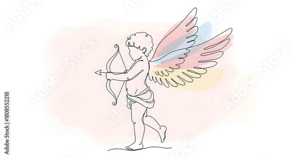 Fototapeta Minimalist one line art cupid with bow and arrow, pastel watercolor wings background.