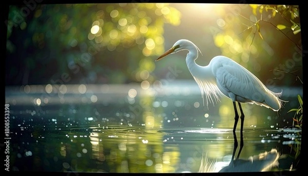 Fototapeta A majestic white Great Egret stands gracefully in calm, shallow water, illuminated by warm sunlight filtering through lush green foliage.