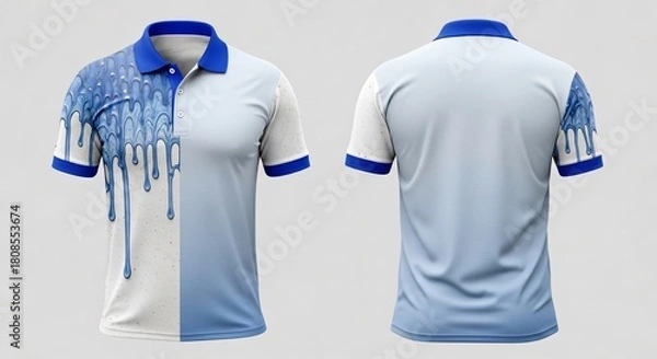 Fototapeta Digital sublimation polo t-shirt mockup, half white and half blue color gradient design with dripping paint effect on shoulder, stylish artistic apparel clothing template.