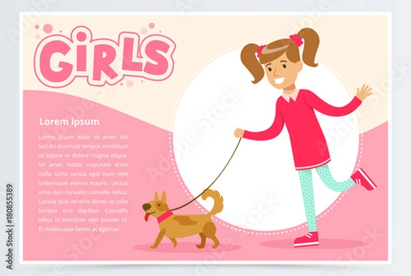 Fototapeta Cute beautiful girl walking with her dog, girls banner flat vector element for website or mobile app