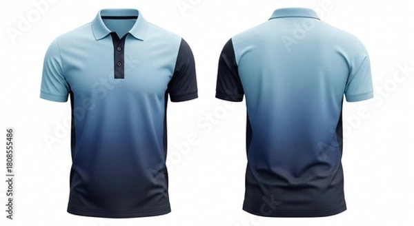 Fototapeta Digital sublimation polo t-shirt mockup, simple vertical blue gradient color fade design, classic style uniform or corporate casual apparel clothing template.
