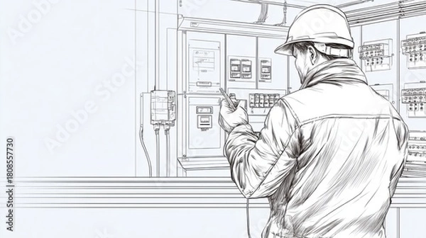 Fototapeta Worker in Hard Hat Inspecting Control Panel with Digital Device