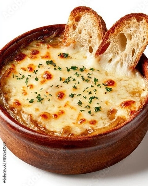 Obraz A French onion soup served in a rustic bowl, topped with melted cheese and crusty bread