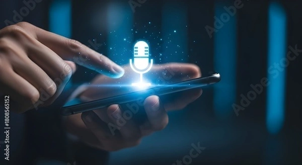 Obraz Activating voice assistant on smartphone with holographic microphone icon display