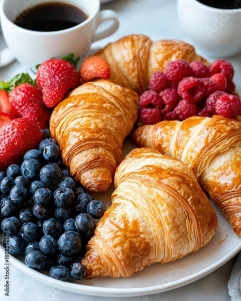Obraz A French breakfast spread featuring buttery croissants, fresh fruit, and a steaming cup of coffee