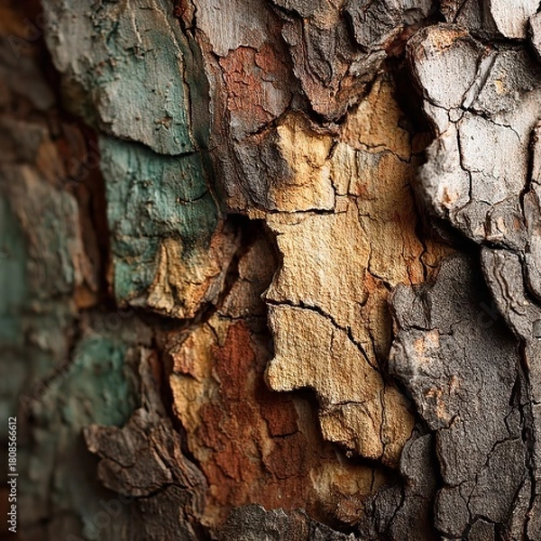 Fototapeta Closeup of the intricate bark of a tree, showcasing its unique texture, colors, and patterns, creating a natural and organic abstract design, perfect for backgrounds