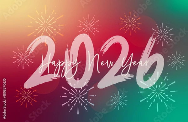 Fototapeta Happy new year 2026 poster with fireworks and colorful gradient background. Vector banner template. Greeting card.