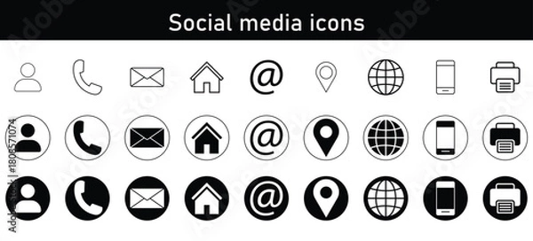 Fototapeta Minimal social media and communication icon set – email, phone, user, home, at-sign, location, globe, mobile, printer symbols