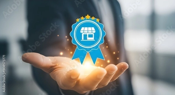 Obraz Hand holding a quality assurance badge with glowing light effect