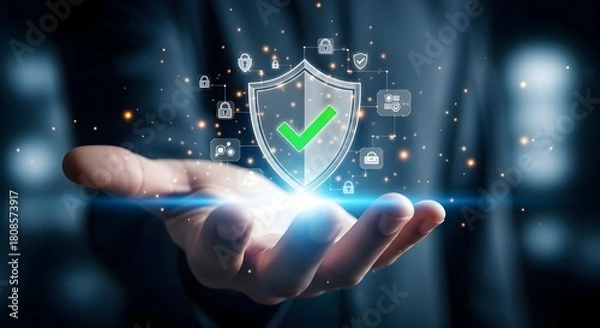Obraz Cyber security concept man holding shield with checkmark in hand