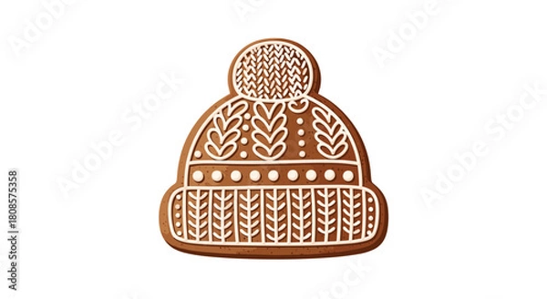Fototapeta A festive gingerbread cookie shaped like a knitted winter hat with white icing details.