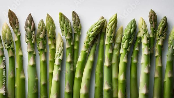Fototapeta Several asparagus stalks arranged neatly on bright white surface