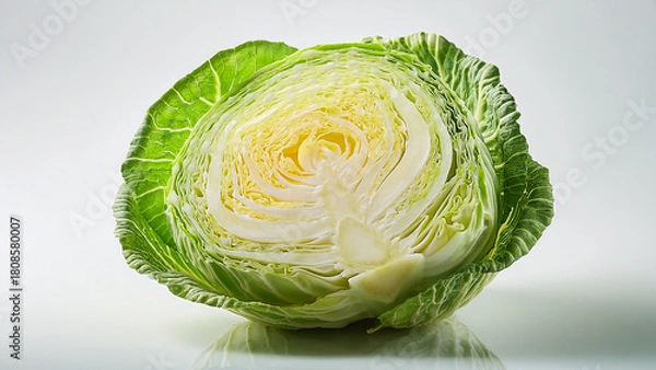 Fototapeta A half-cut green cabbage with layered texture on white background