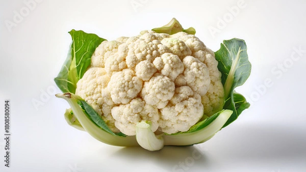 Fototapeta A whole fresh cauliflower with soft white florets on pure white background