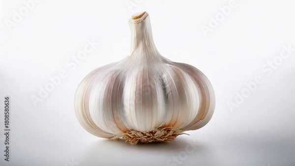 Fototapeta A whole garlic bulb with smooth white texture on a clean bright background