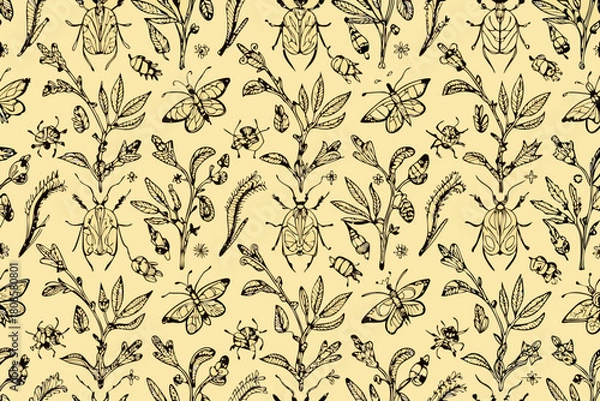 Obraz Repeating Pattern of Beetles and Branches Black Line Art on Cream Background Keywords: insect, beetle, butterfly, dragonfly, ant, bee, leaf