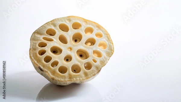 Fototapeta A lotus root slice with natural holes on clean white background