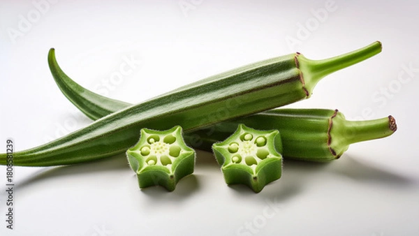 Fototapeta Fresh okra with one whole piece and one cross-section slice on white