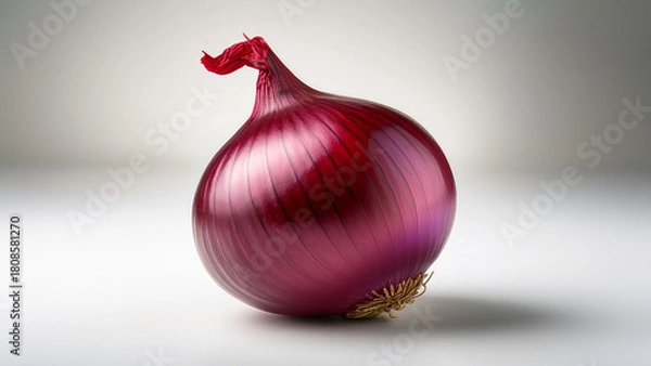 Fototapeta A whole red onion with glossy purple skin on a simple white surface