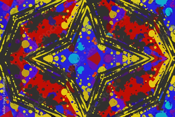 Obraz Symmetrical abstract starburst with vibrant paint splatters and dark lines pattern