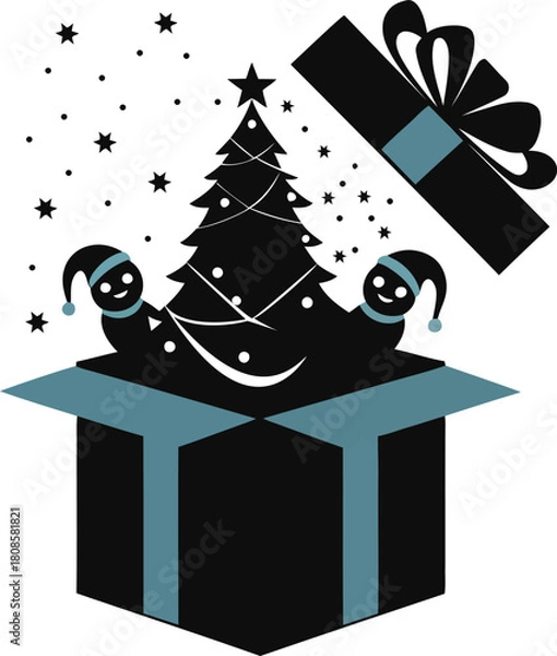 Fototapeta Christmas surprise illustration with a decorated tree and two elf-like figures popping out of an opened holiday gift box with stars.