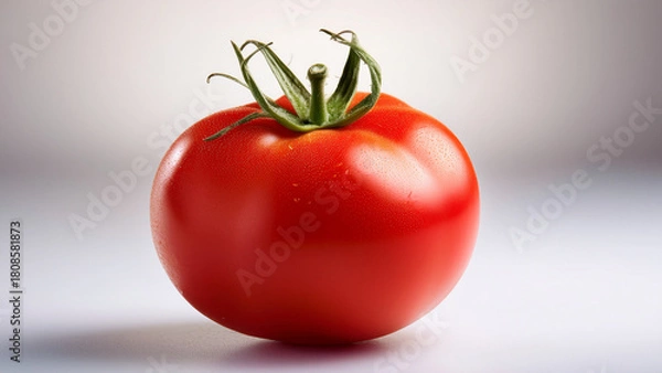 Fototapeta A single ripe tomato with glossy surface placed on a clean white background