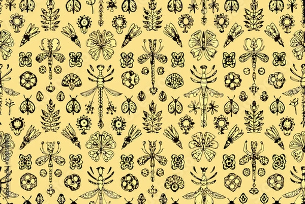 Obraz Whimsical Black Line Art Insects and Flowers Seamless Pattern Keywords: insect, beetle, bee, butterfly, moth, dragonfly, leaf, branch, flower