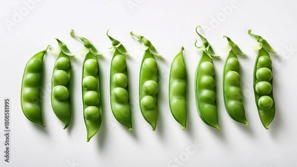 Fototapeta Fresh snap peas arranged neatly on a plain white surface