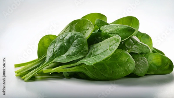 Fototapeta A small stack of fresh spinach leaves arranged neatly on white background